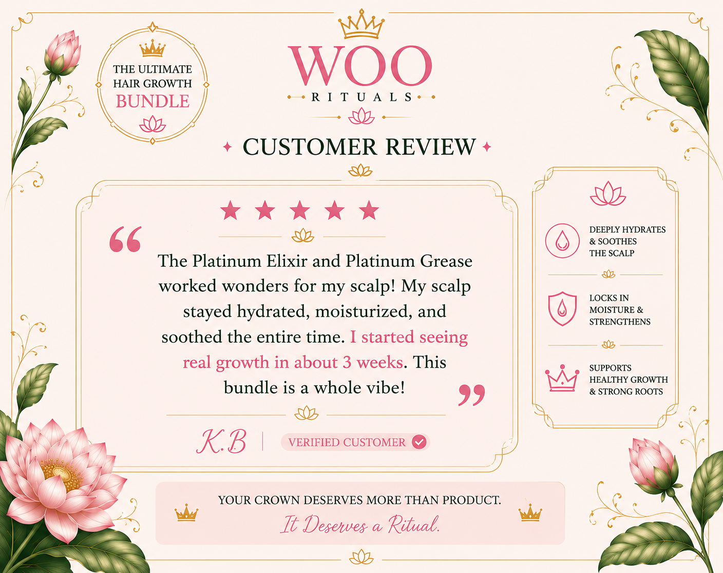 Five-star customer review from K.B. — Platinum Elixir and Platinum Grease kept scalp hydrated with visible hair growth in 3 weeks.